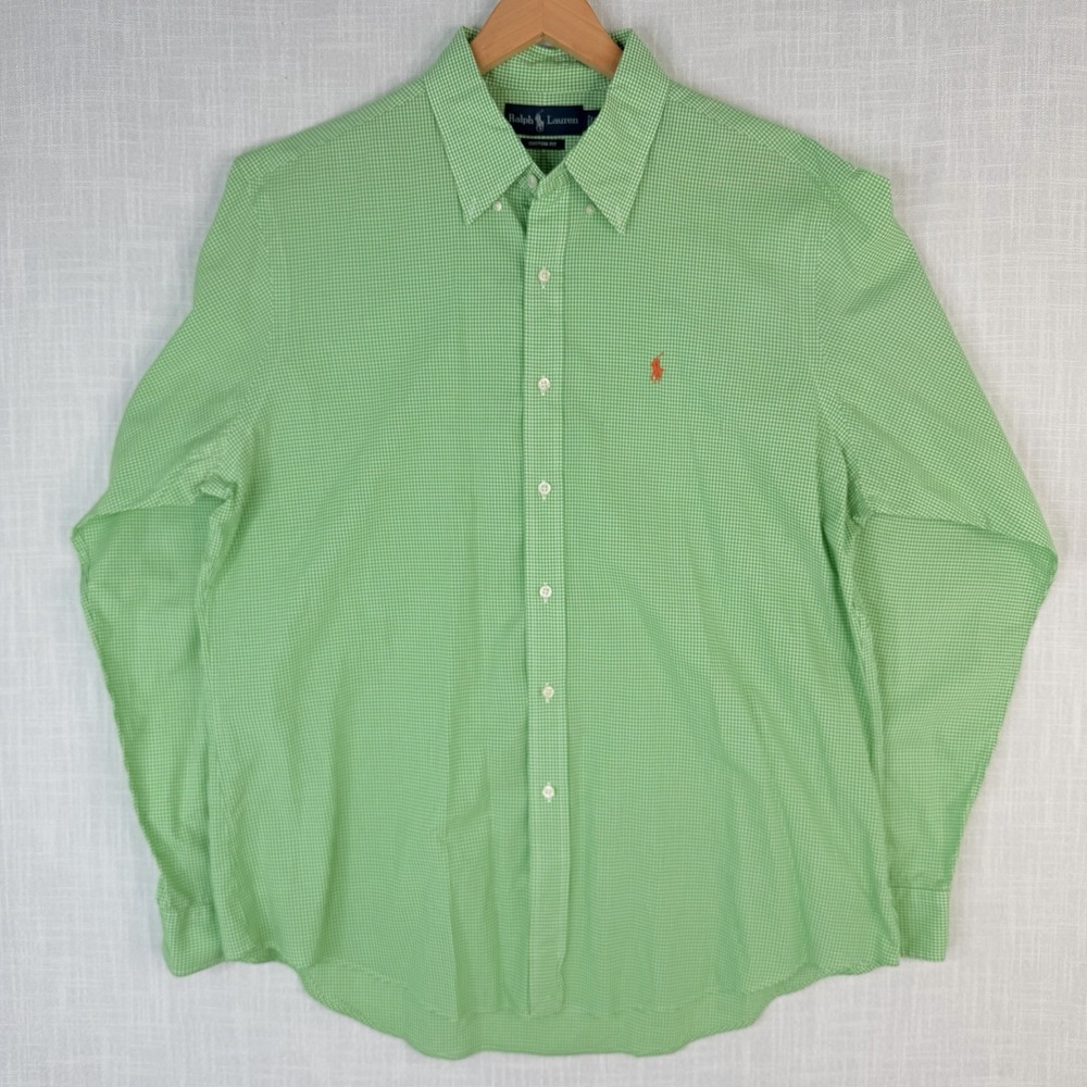 Ralph Lauren Shirt Mens Green Gingham Custom Fit Button Down Long sleeve X-Large